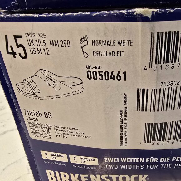 Birkenstock Zurich BS Taupe Suede Leather Sandals Men’s EU 45 US 12 Regular Fit - Picture 6 of 6